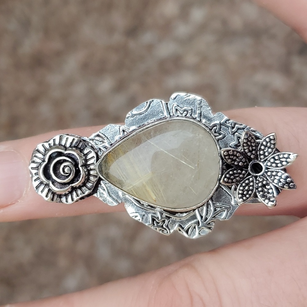 New Golden Rutile Carved 925 Silver Ring.